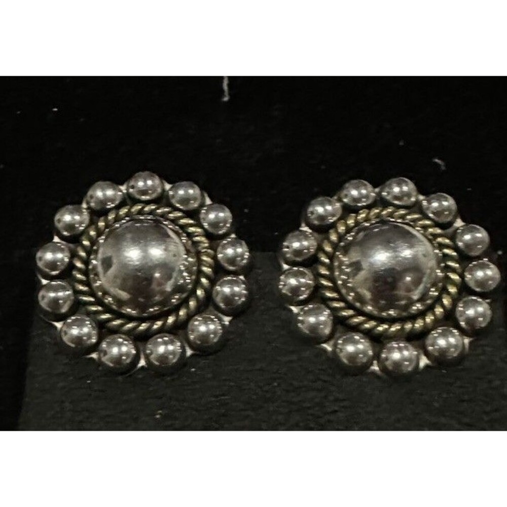 Vintage Taxco Sterling Silver Two Tone Dome Button Earrings Clip On 1.25"